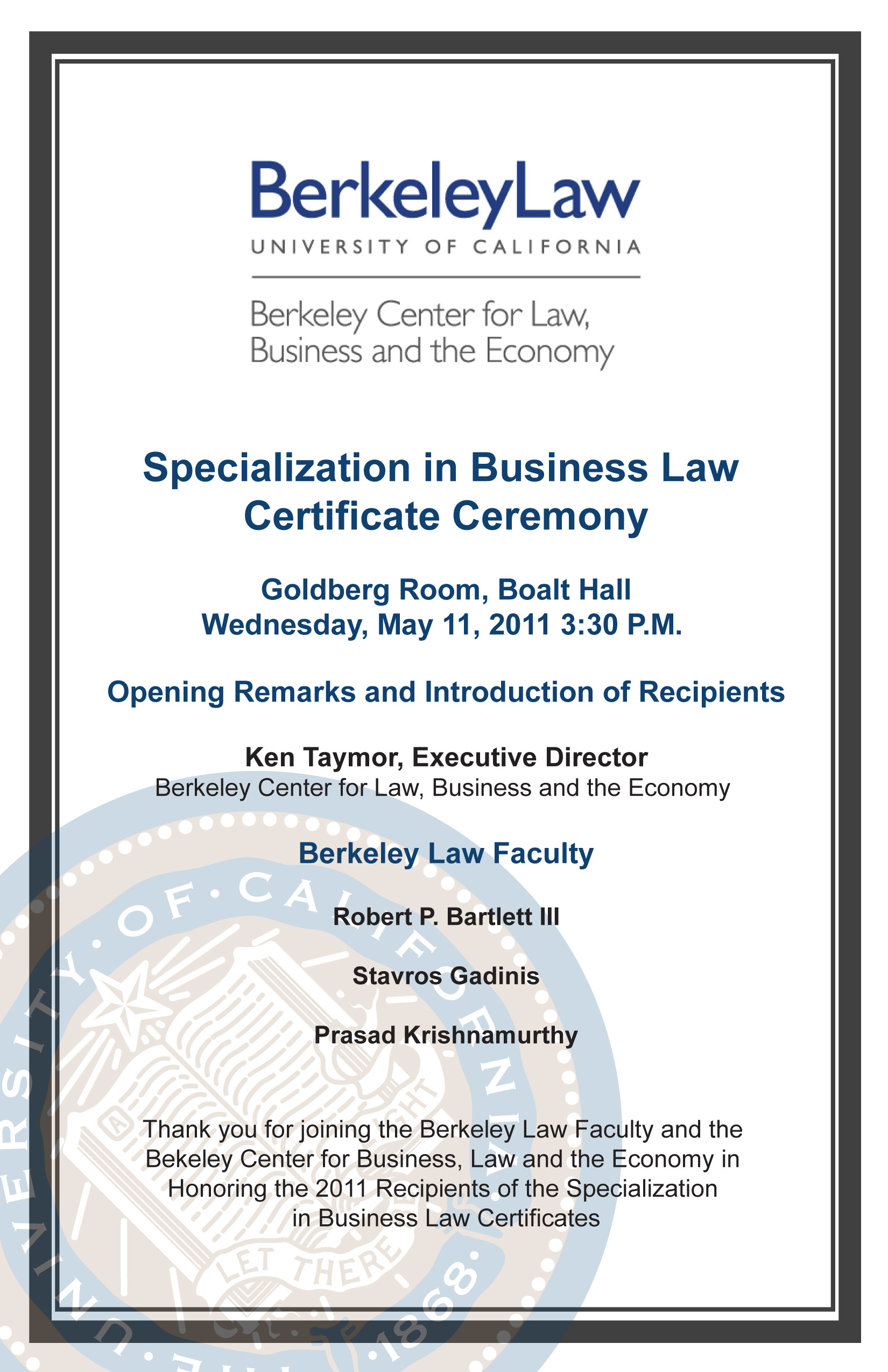 Berkeley Business Law Certificate Ceremony - May 11, 2011 - Berkeley Law